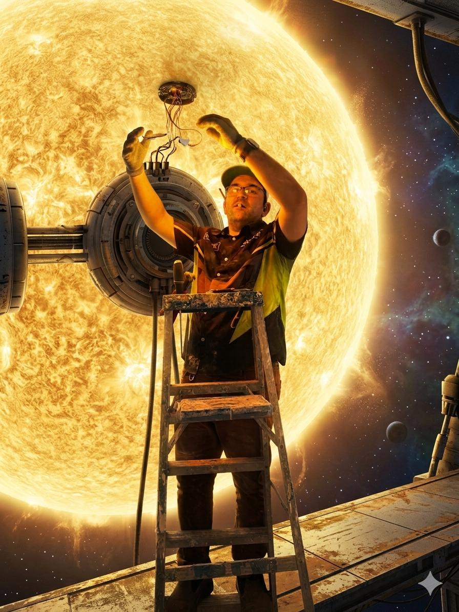 A man on a ladder performing electrical work, possibly installing or repairing a light fixture, with a large glowing orb resembling the sun in the background.