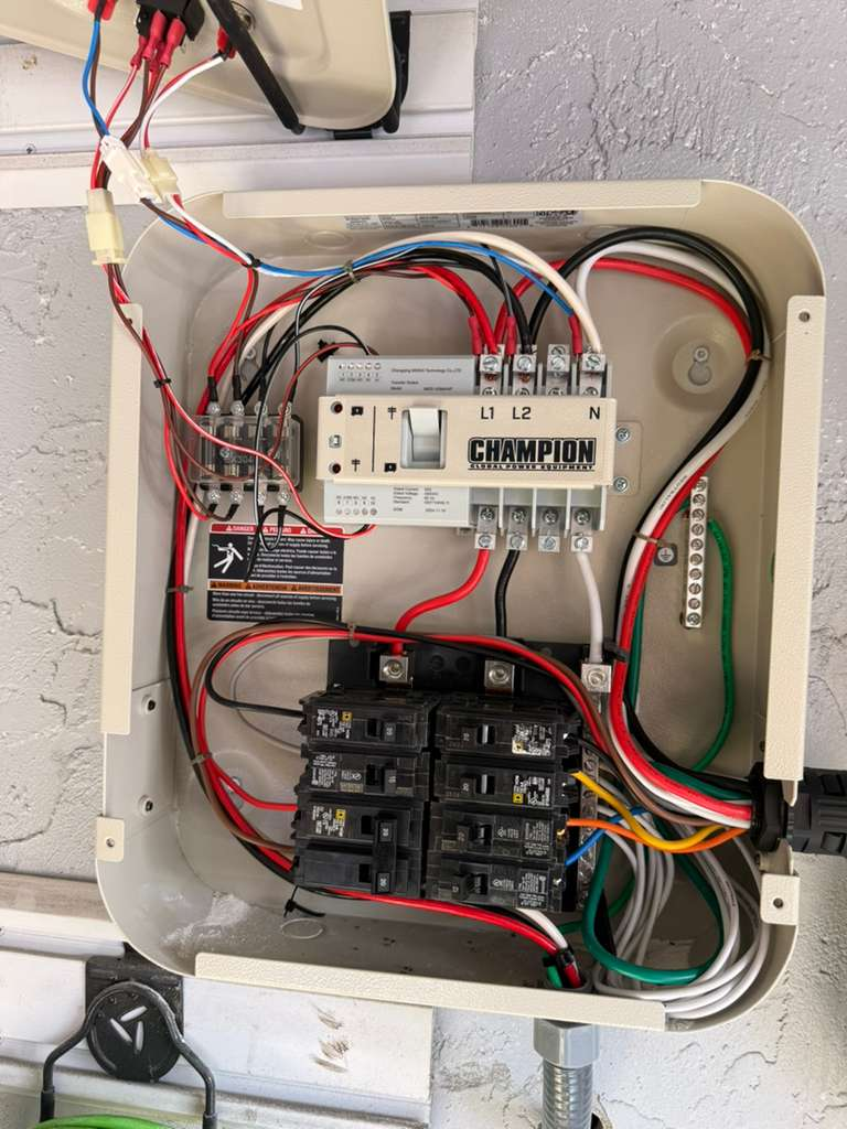 Electrical panel with a Champion transfer switch and circuit breakers.