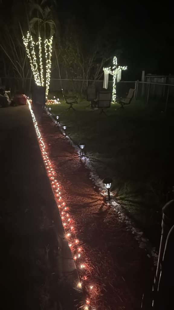 The image shows outdoor Christmas lights, with one large tree wrapped with lights as well as a cross made of lights and a string of red lights lining a pathway. Several solar-powered path lights are also visible.