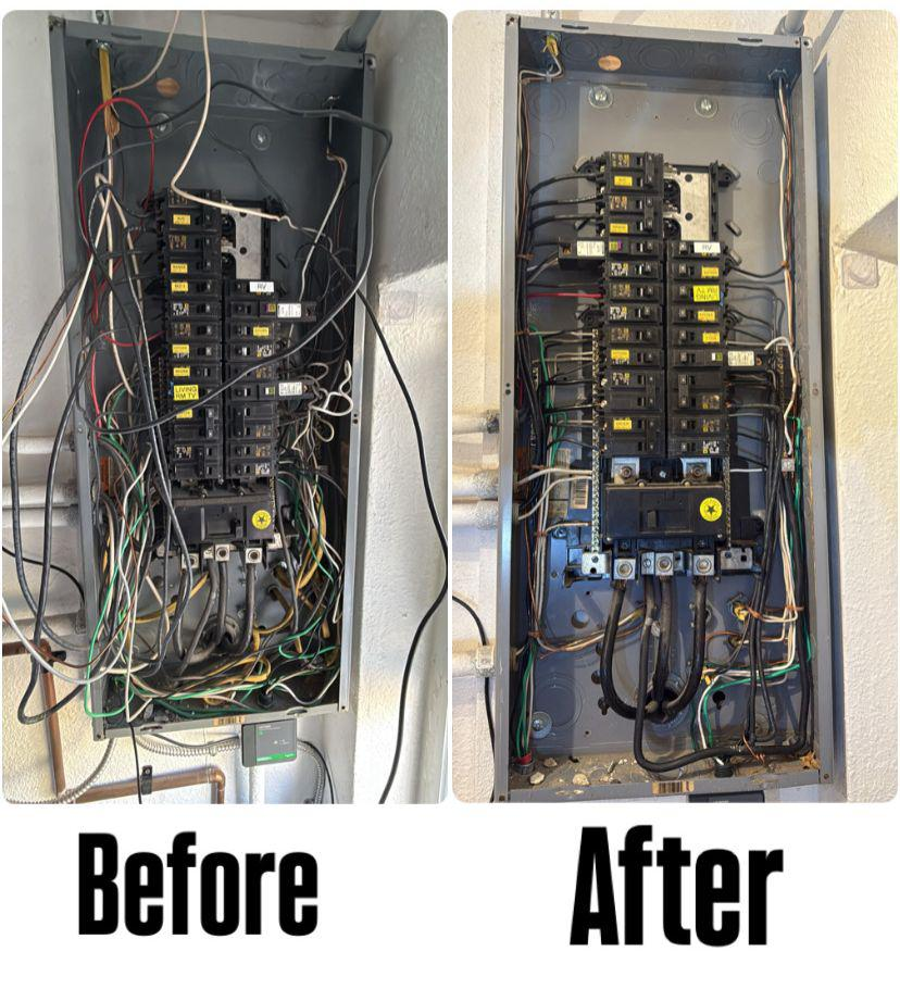 Before and after comparison of an electrical panel cleanup and organization. The left image shows a messy panel with tangled wires, while the right image shows the same panel after being cleaned up and organized with neatly routed wires.