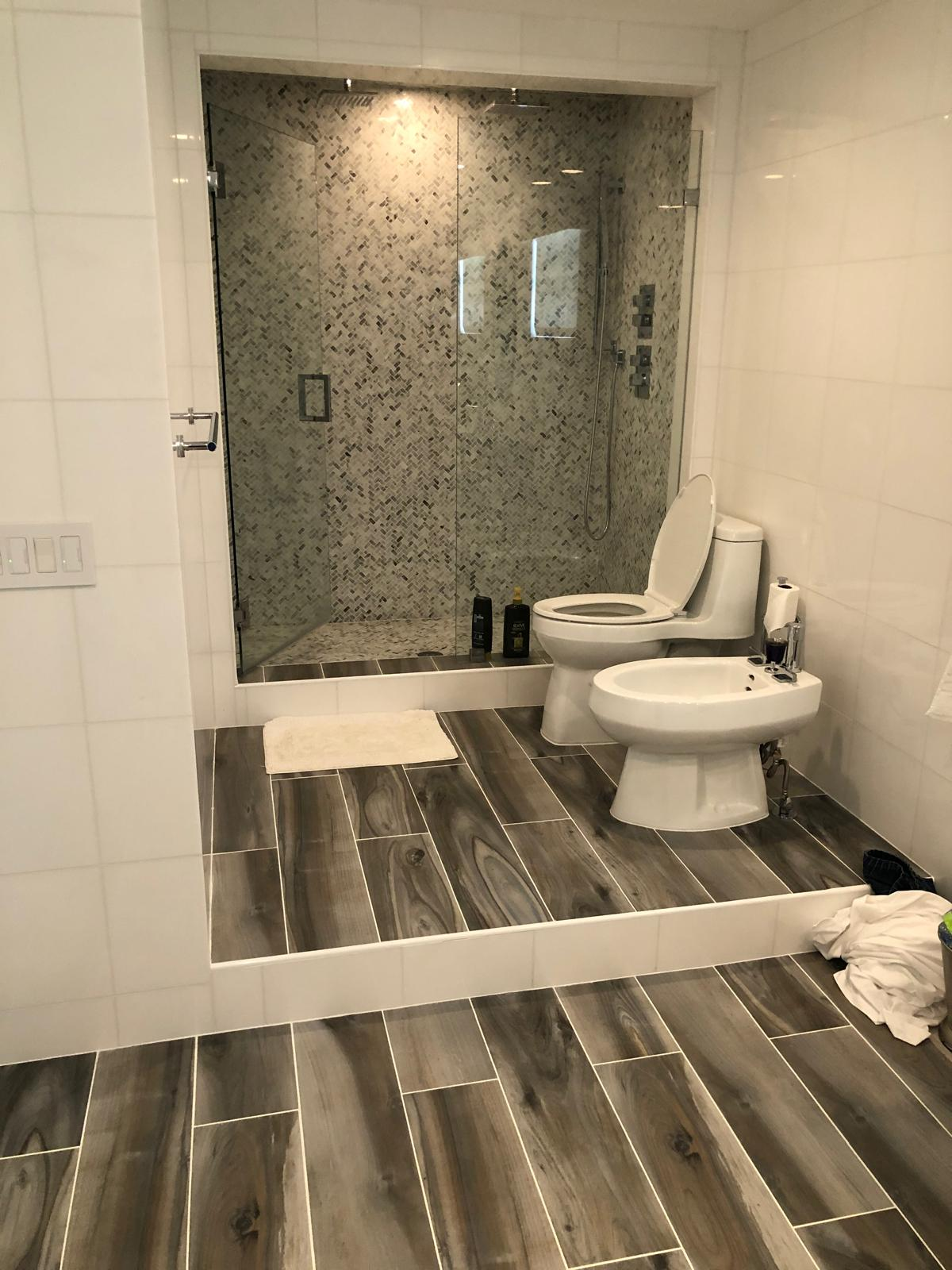 Modern bathroom with raised shower platform and glass enclosure